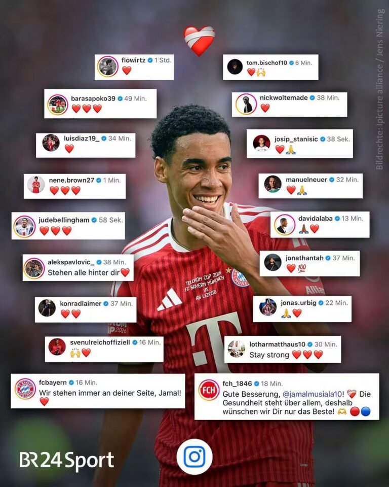 Ganz viel Liebe für Jamal! ❤ Jamal Musiala durchlebt derzeit eine schwierige Phase. Nach seinem persönlichen Statement zu seiner Erkrankung hat der Bayern-Star zahlreiche Nachrichten der Unterstützung erhalten. Besonders bewegend ist dabei zu sehen, wie viele Weggefährten und Mitspieler öffentlich ihre Verbundenheit zeigen und dem 23-Jährigen Mut für die kommende Zeit zusprechen. Unter Musialas Beitrag meldeten sich mehrere Menschen aus seinem Umfeld zu Wort. Mit kurzen, aber emotionalen Nachrichten machten sie deutlich, dass Jamal in dieser Situation nicht allein ist. Worte der Ermutigung, herzliche Grüße und viele rote Herzen zeigen, welchen Stellenwert der Offensivspieler innerhalb der Mannschaft und darüber hinaus besitzt. Auch seine Mitspieler wissen, wie wichtig Zusammenhalt gerade in schwierigen Momenten ist. Musiala hat sich in den vergangenen Jahren zu einem wichtigen Bestandteil des FC Bayern entwickelt und mit seinen Leistungen viele Fans begeistert. Umso größer ist nun die Anteilnahme, wenn der junge Fußballer selbst einmal Unterstützung benötigt. Für Musiala dürfte diese Welle der Solidarität eine wichtige Motivation sein. Gerade wenn gesundheitliche Probleme eine Pause oder zusätzliche Vorsicht erfordern, ist es wertvoll, Menschen an seiner Seite zu wissen, die Kraft und Zuversicht schenken. Die zahlreichen Reaktionen zeigen eindrucksvoll, dass seine Teamkollegen nicht nur auf dem Fußballplatz hinter ihm stehen. Auch die Fans des FC Bayern lassen Jamal Musiala nicht allein. In den sozialen Netzwerken sammeln sich zahlreiche Genesungswünsche und Nachrichten voller Hoffnung. Viele Anhänger wünschen ihrem Lieblingsspieler vor allem Ruhe, Kraft und eine vollständige Erholung. Jetzt steht nicht der Fußball im Mittelpunkt, sondern Musialas Wohlbefinden. Jeder Schritt sollte mit der nötigen Geduld und ohne unnötigen Druck erfolgen. Die wichtigste Nachricht lautet deshalb: Jamal soll sich die Zeit nehmen, die er braucht. Ganz viel Liebe für Jamal! ❤️ Die Unterstützung seiner Mitspieler, Freunde und Fans dürfte ihm zeigen, wie viele Menschen hinter ihm stehen. Wir wünschen ihm ebenfalls nur das Beste, viel Kraft und vor allem eine gute Genesung. Hoffentlich sehen wir Jamal bald wieder voller Energie und mit seinem unverwechselbaren Lächeln auf dem Fußballplatz.